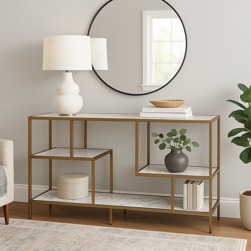 Carbone Modern Media Console Table with Open Geometric Shelves and Faux Marble Top