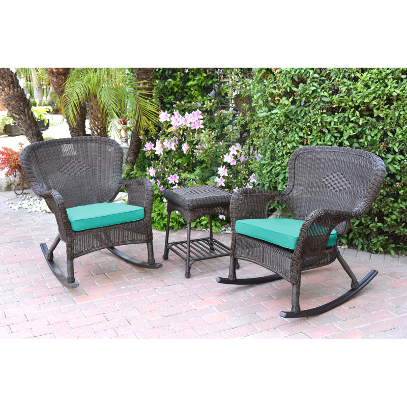 Windsor Resin Wicker Rocker Chair And End Table Set With Cushions, Espresso, Turquoise