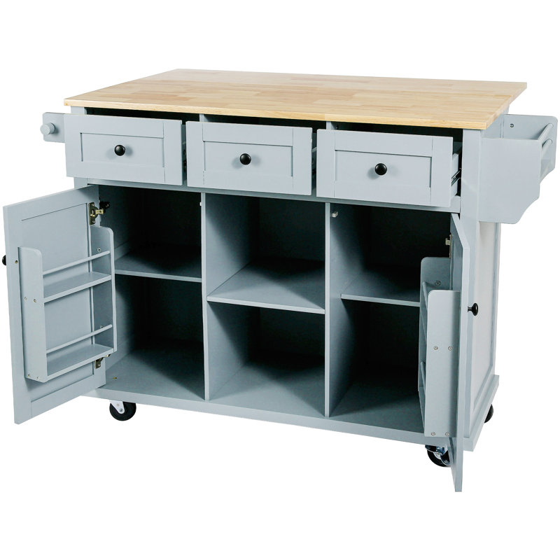 Kitchen Cart With Rubber Wood Drop-Leaf Countertop ,Cabinet Door Internal Storage Racks,Kitchen Island On 5 Wheels With Storage Cabinet And 3 Drawers For Dinning Room