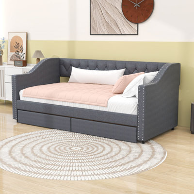 Twin-Size Linen Upholstered Daybed with Diamond-Tufted Backrest, and Dual Storage Drawers