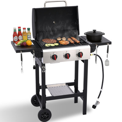 GRILL DEPOTS 3-Burner Propane Gas Grill, 30,000 BTU Outdoor BBQ Grill, Folding Side Tables, Porcelain-Enameled Cast Iron Grates, Stainless Steel Grill Pan