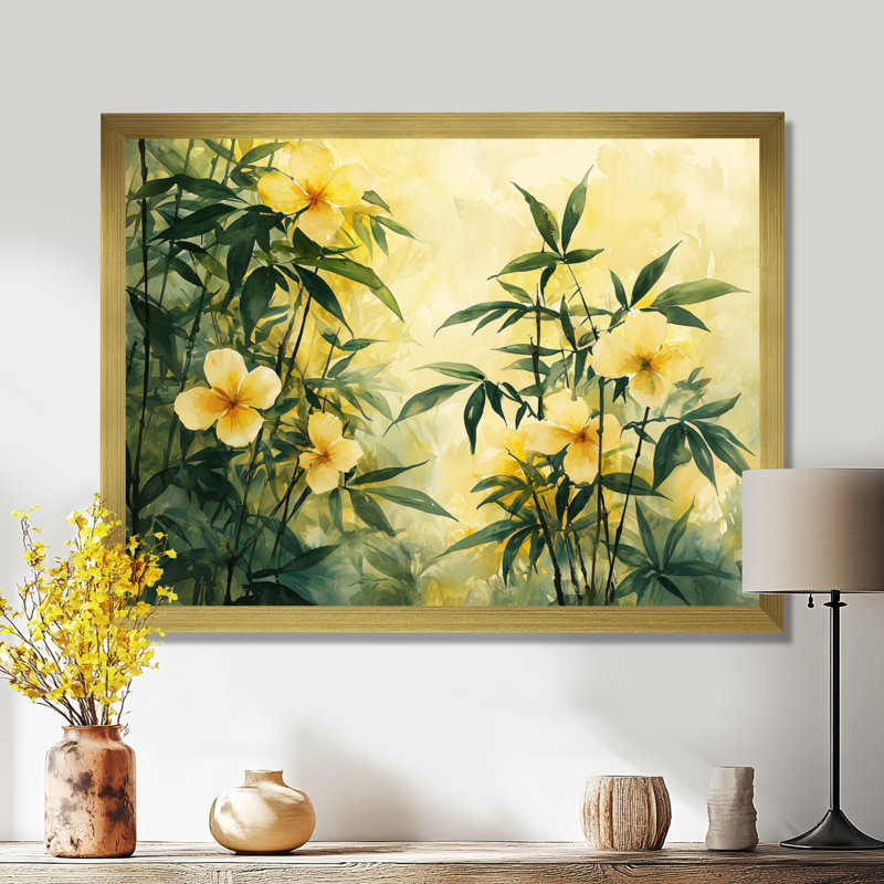 Lueur dorée d'hibiscus tropical dans le sud - art mural hibiscus, H 16 po x l 32 po, Avec cadre, Doré