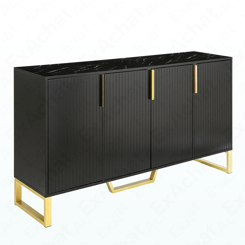 Modern Sideboard With Four Doors, Metal Handles & Legs And Adjustable Shelves Kitchen Cabinet (Black)