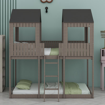 Wood Bunk Bed With Roof, Window, Guardrail