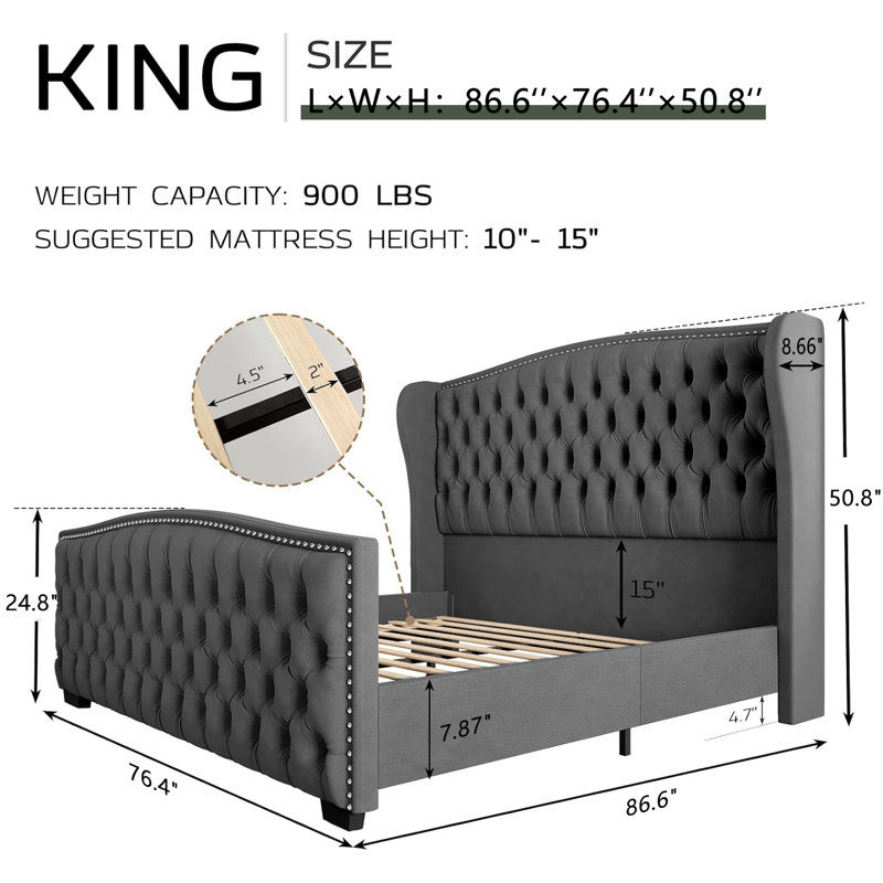Platform Bed Frame With Wingback Headboard, King, Gray