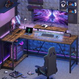 Baford L-shaped Computer Desk with Power Outlet, Gaming Desk with Monitor Stand and Shelves