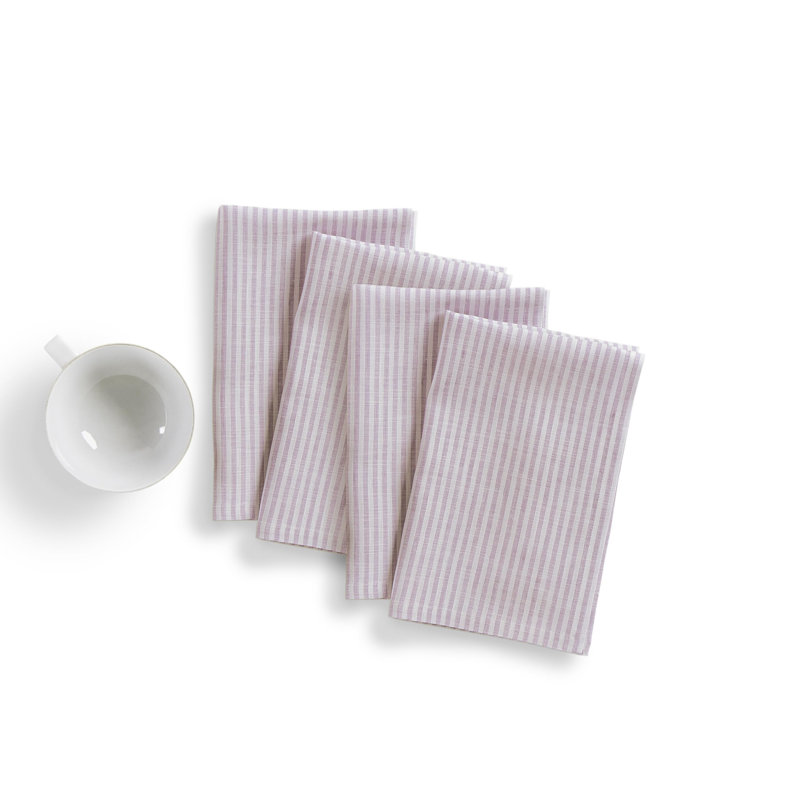 Narrow Stripe - 100% Pure Linen Dinner Napkins, Pink/White