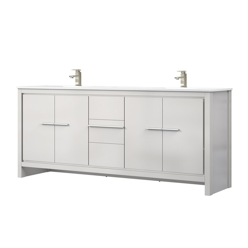 Meuble-lavabo blanc l 80 po x P 20 po avec comptoir en quartz et robinet en nickel brossé 20 armoires intérieures spacieuses