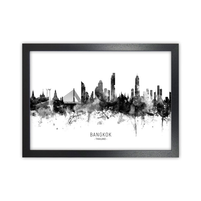 Bangkok Thailand Skyline Black White City Name by Michael Tompsett - Print, 25cm H x 34cm W x 3cm D, Black Framed