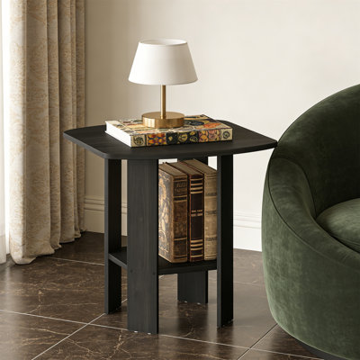 Modern Square Round Corner Side Table With Storage Shelf, Grey Oak