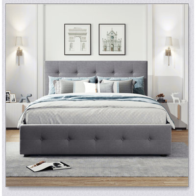 Upholstered Platform Bed With 2 Drawers And 1 Twin XL Trundle,  Linen Fabric