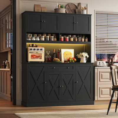 72.8" H X 55.1" W Kitchen Pantry Cabinet With Led Lighting And Built-in Power Outlet, Microwave Stand & Adjustable Shelves