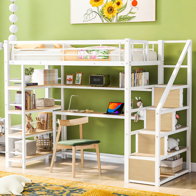 Lit mezzanine simple en métal avec escalier, bureau et rangement intégrés blancs