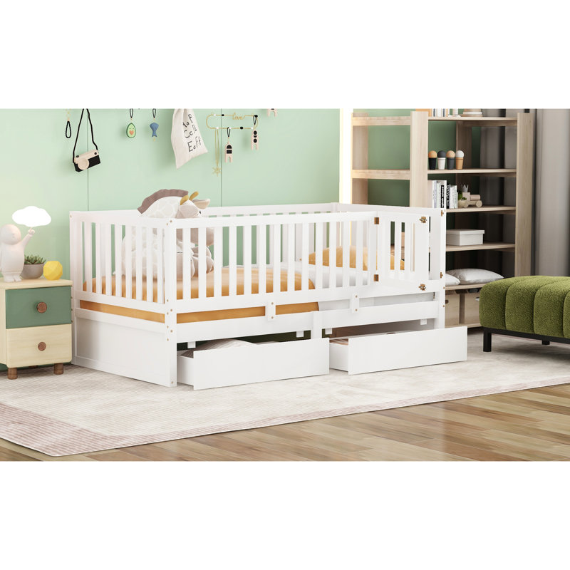 Lit de jour simple blanc avec garde-corps de clôture et tiroirs de rangement Taille 2 tiroirs, blanc, mobilier de chambre polyvalent