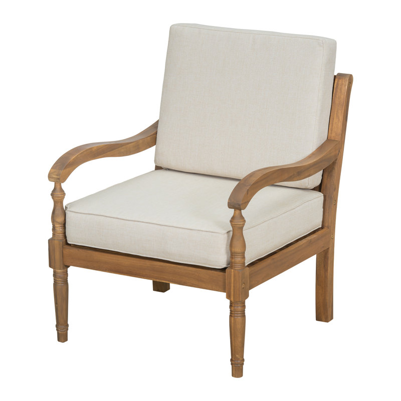 Fauteuil club d'extérieur en bois d'acacia avec coussins beiges et finition naturelle