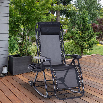 Foldable Rocking Chair Being, Outdoor Gravity Reclining With Pillow, Cup & Phone Holder, Black, Steel Remarkable Lounge - Rocker Breathable Fabric Holder