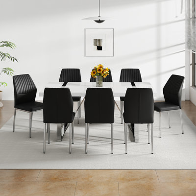 71" Dining Table Set, Modern Kitchen Table And Chairs With Thick Lacquered MDF Top, Metal Frame, And Faux Leather Chairs