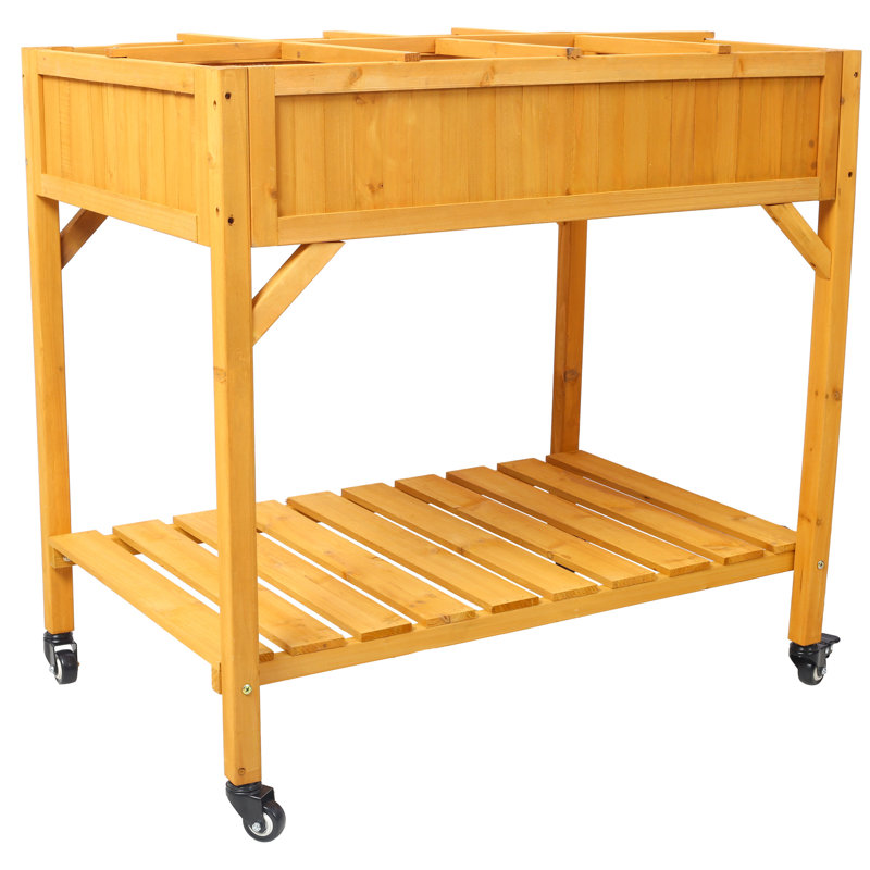 Mobile Raised Wood Planter With Utility Shelf: For Herbs, Veggies, Flowers, Lockable Wheels And Drainage Elevated For A Beautiful Productive Garden: Wheels, Storage Shelf Good Function