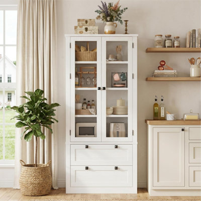 Armoire de cuisine de 72 po de hauteur, armoire de rangement moderne avec 2 grands tiroirs, portes en verre et tablettes réglables, armoire de cuisine pour la salle à manger, la salle de bain, le salon, blanc