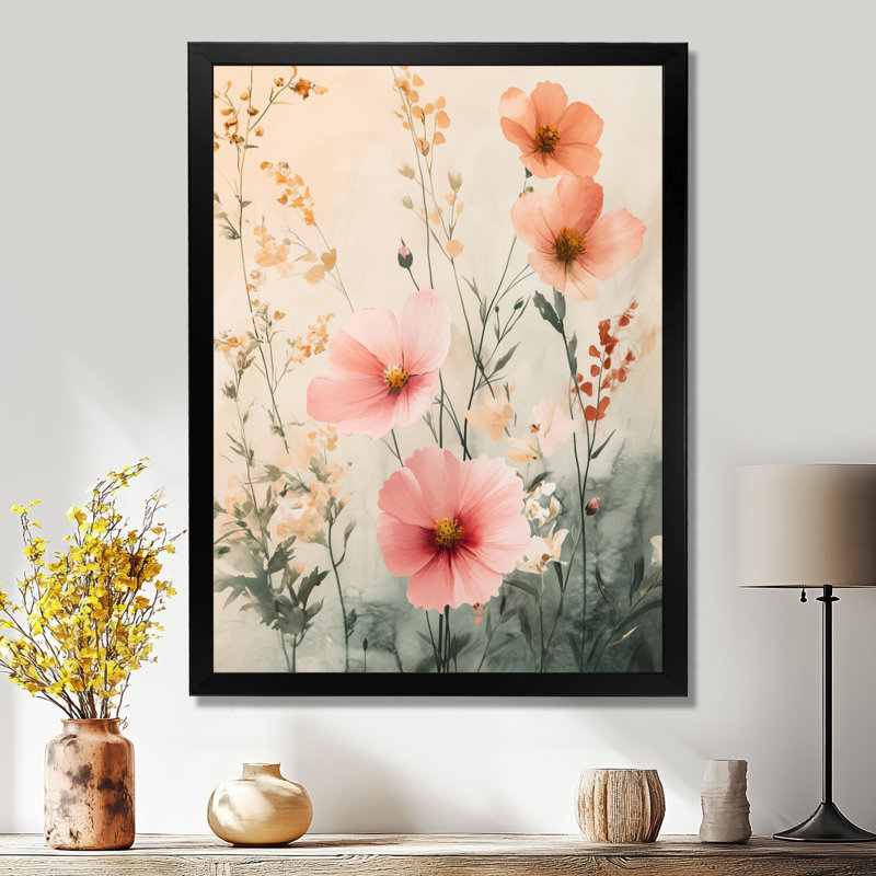 Jardin de fleurs sauvages printanières rose pâle ivoire clair II - Tableau encadré, H 44 po x l 34 po, White Picture Framed