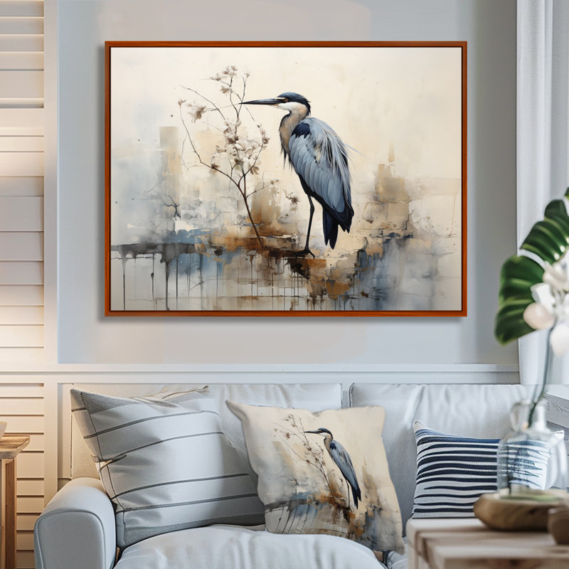 «Blue Great Heron In Miminal Harmony» sur toile, H 34 po x l 44 po x P 1,5 po, Brown Floater Framed