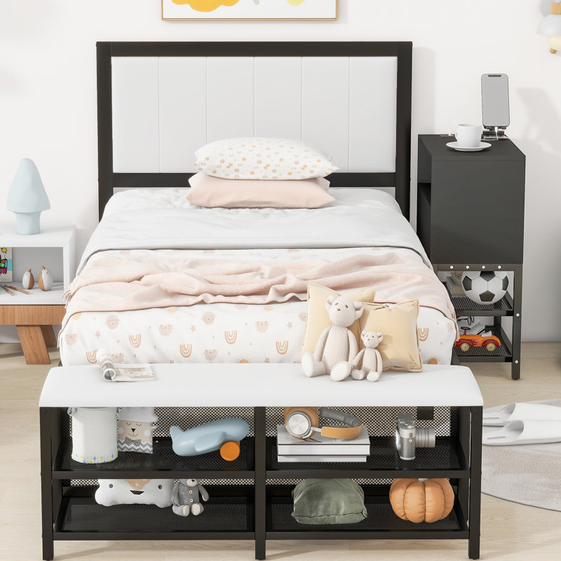 Lit simple en métal noir avec rangement et armoire éminemment en bois, tablettes plateforme méritoire, Noir