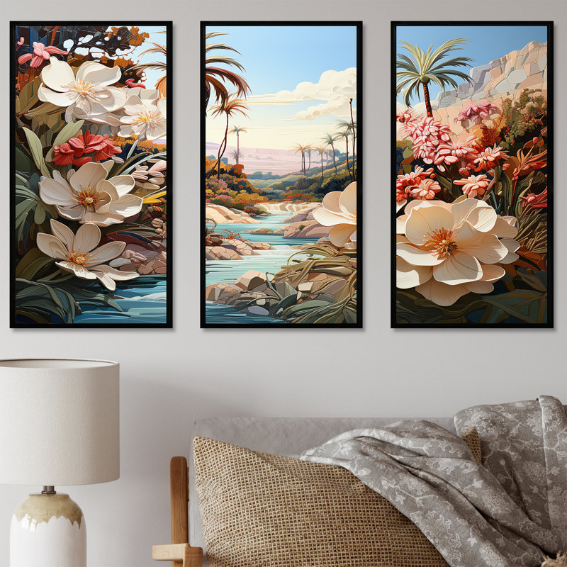 Ensemble de décoration murale Palm Trees Coastal Charm I - Fleurs, Cadre flottant noir, 32" H x 48" W x 1" D