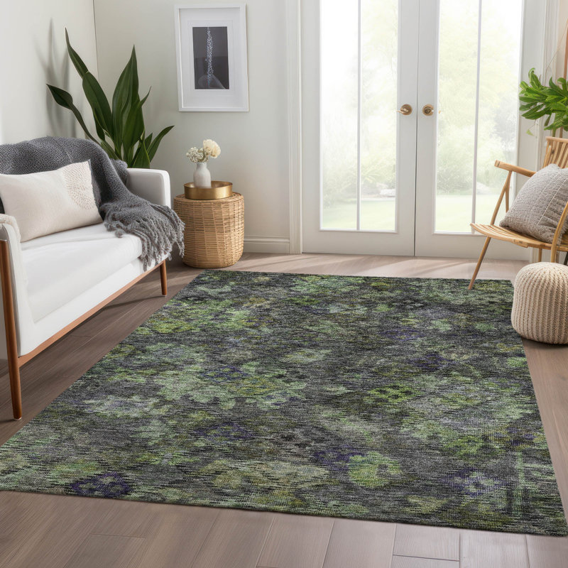 Green Floral Washable Synthetic Indoor Outdoor Area Rug