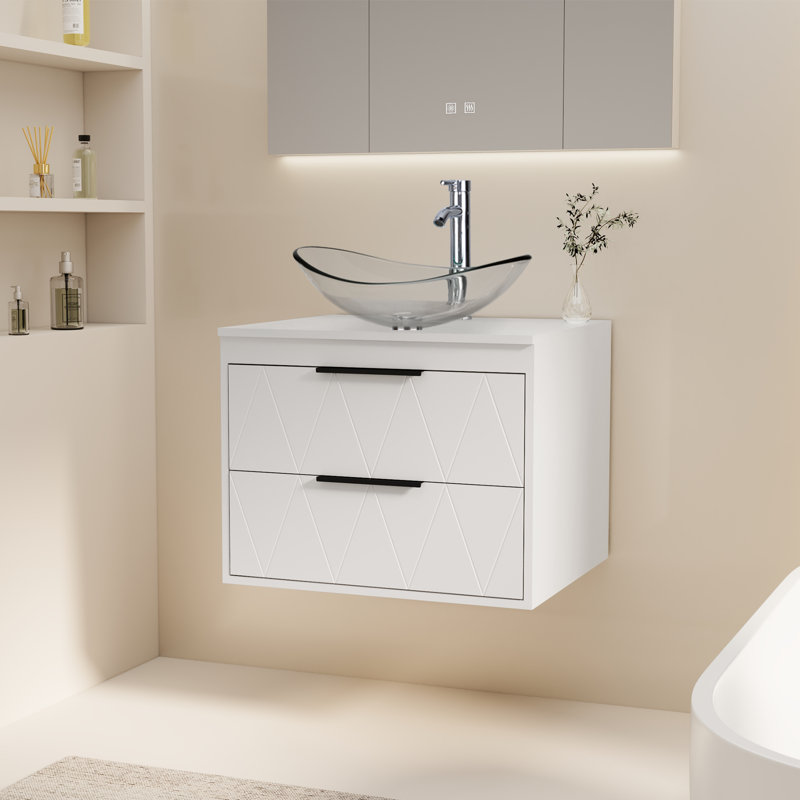 Sharee 24" Wall Mount Single Bathroom Vanity With Vessel Sink, Floating Cabinet Manufactured Wood Top, Faucet, Drain, White