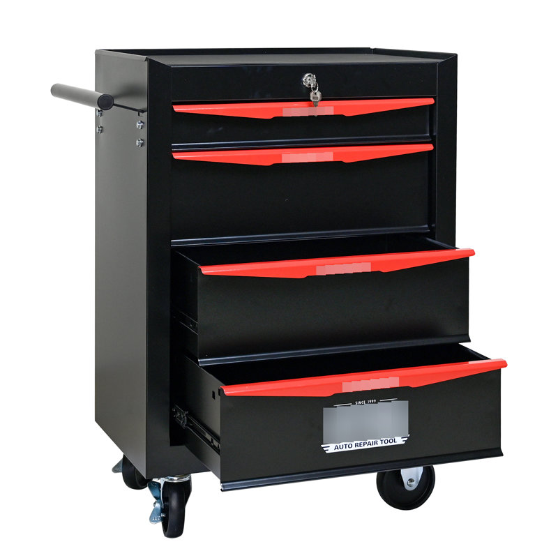 Coffre à outils de 20 po avec 4 tiroirs - Armoire métallique roulante, noir et rouge, acier, boîte en acier universelle, roues, espace pour outils supplémentaires