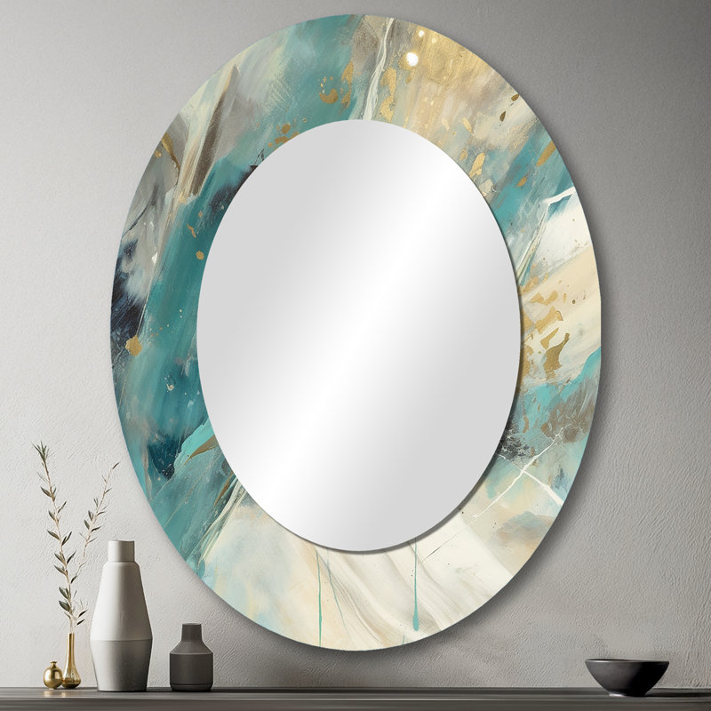 Turquoise Serendipity Abstract Painting II - Teal Modern Oval Wall Mirror, 43" x 33"