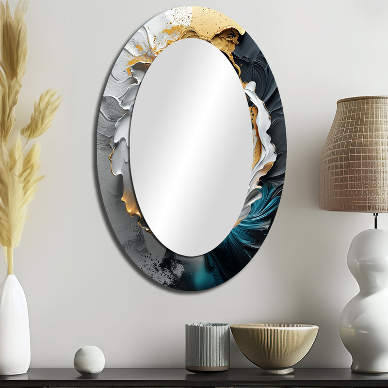 Black And Gold Moon Lines III - Large Oval Wall Mirror On Metal, 36" x 24"