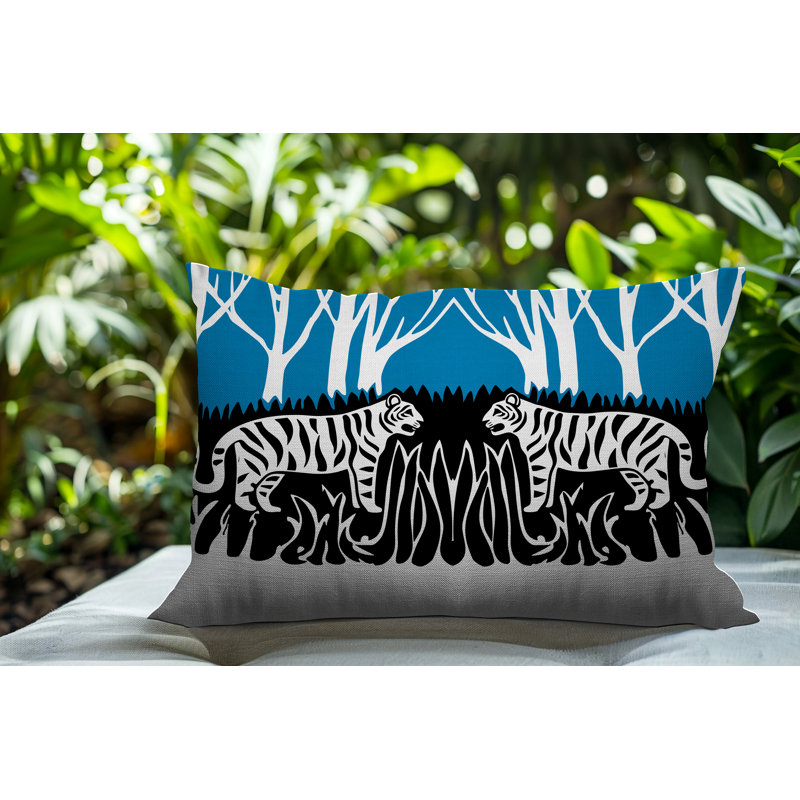 Oreiller rectangulaire réversible intérieur / extérieur Maka Tiger, Turquoise, H 25 po x l 18 po