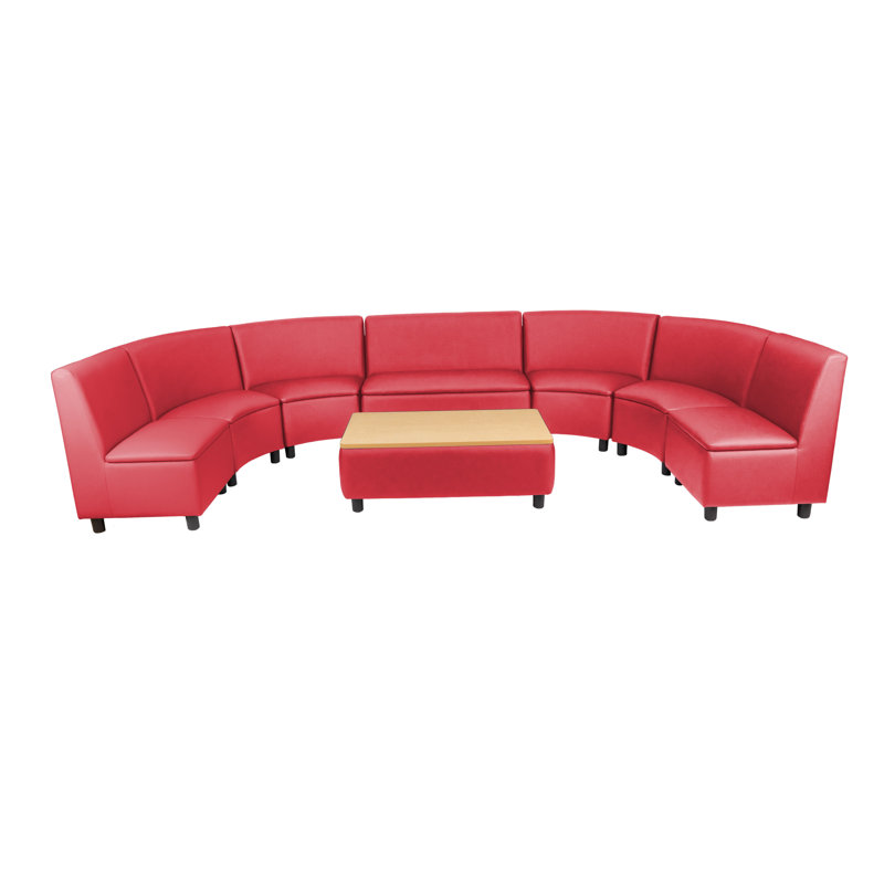 Ensemble 5 pièces de sièges collectifs courbés modulaires pour enfants avec table basse Kid Comfort, Brun clair, rouge
