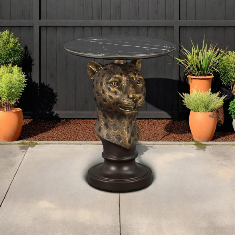 Table d'appoint à tête de léopard avec plateau en faux marbre