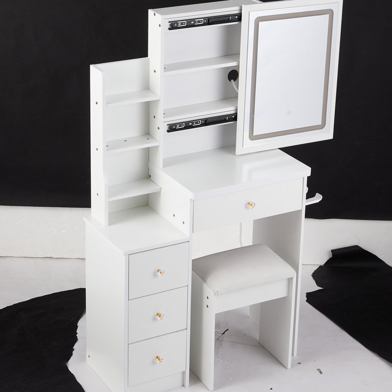 Tiny Left Bedside Cabinet Dressing Table With Relaxing Stool, Extraordinarily Huge Touch-Control Sliding Led Mirror, 2 Ac + Power Socket, Hair Dryer Bracket, Three-Color Switchable , , , Ul , White