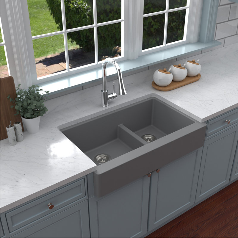Karran Retrofit Farmhouse/Apron-Front Quartz Composite 34'' X 21-1/4'' 60/40 Double Bowl Kitchen Sink, Matte Gray