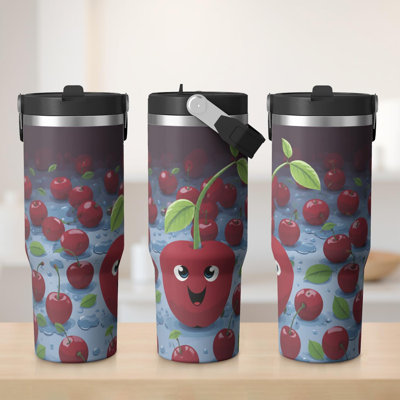 Gobelet 30 oz avec couvercle et poignée Gobelets isothermes en acier inoxydable Bouteille d'eau mignonne avec bascule (cerise)