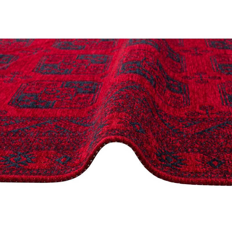 Non-Slip Machine Woven Carpet, 4.0 x 5.9 ft, Red & Dark Blue | 50% Acrylic / 50% Polyester, Flat Weave, 5 mm Thickness | Washable by Machine at 86°F, Perfect for Living Room, Bedroom & Office Spaces