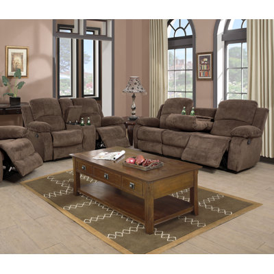 Brown Velvet 2-Piece Reclining Sofa and Loveseat Set with Cup Holders and Storage Console
