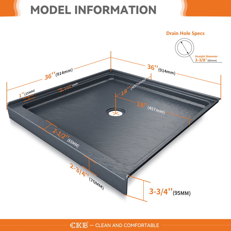 36" x 36" Shower Base, Alcove Acrylic Shower Pan with Center Drain, Low Profile Slip-Resistant Design, Integrated Flange, Slate Gray