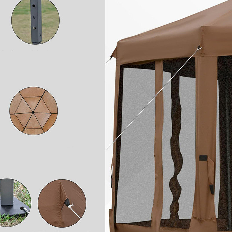 Hexagonal Pop Up Gazebo, Outdoor Canopy Tent with 6 Mesh Sidewall Netting, 3-Level Adjustable Height, Brown