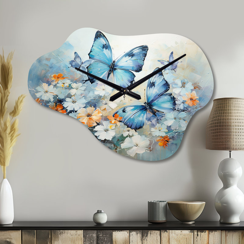 Bleu blanc papillon symphonie - horloge murale papillon en métal, impression d'horloge murale asymétrique moderne, Grand
