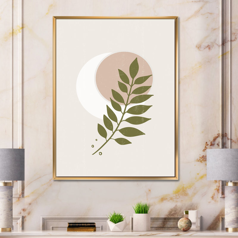 Lune géométrique abstraite avec feuille IV - impression sur toile, H 20 po x l 12 po x p 1 po, Toile encadrée d'or