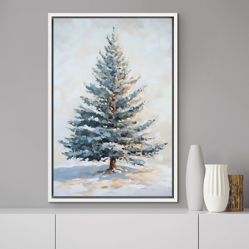 «Christmas Tree Snowy Winter Pine Tree Antique Blue Holiday Decor», reproduction d'art sur toile encadrée, Blanc