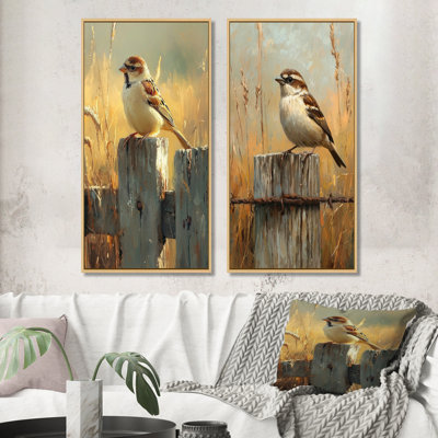 Oiseau moineau à la ferme, clôture I - animaux, art sur toile, collection 2 panneaux