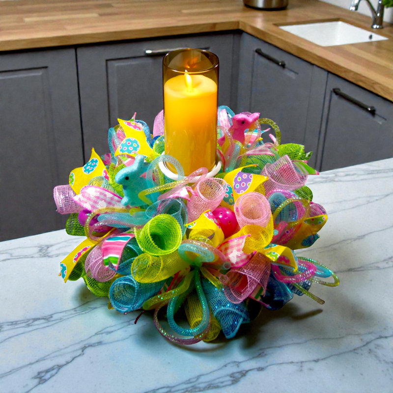 Easter Pastel colorful Deco Mesh Wreath Candleholder, Candle Ring 