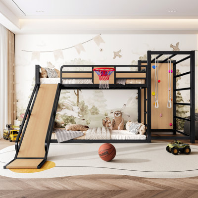 Lit mezzanine en métal moderne avec glissade, panier de basketball, mur d'escalade, anneaux et étagères intégrées Mavon