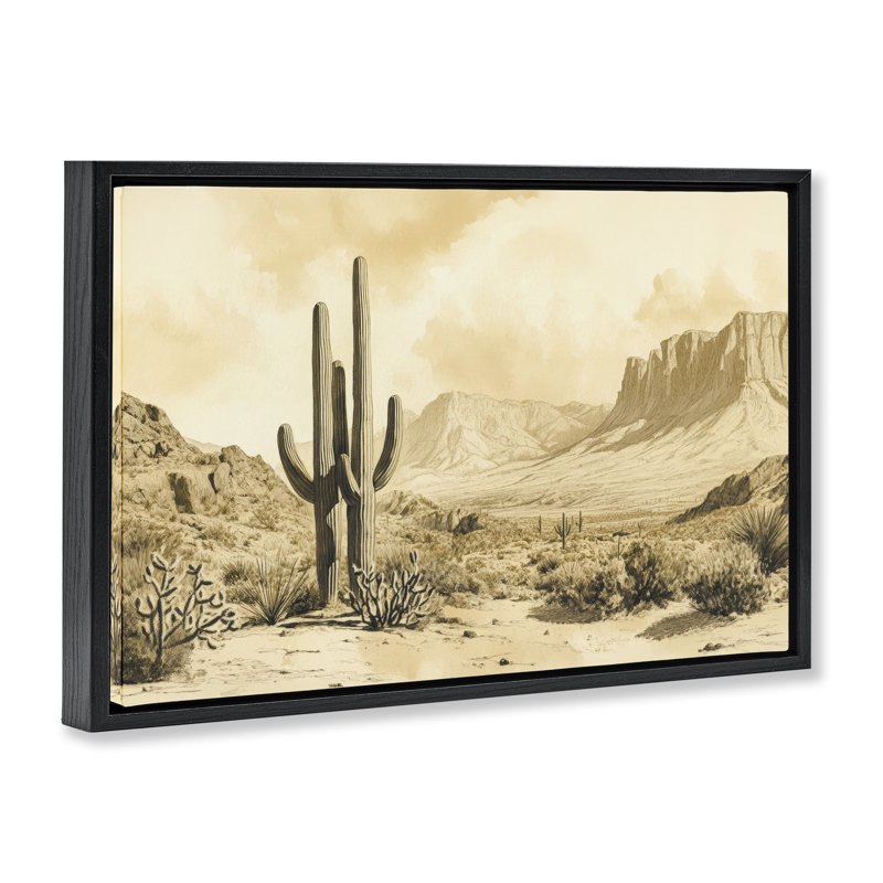Cadre flottant désert, cactus sépia, par Petal Prints Design, Cadre flottant noir de jais, H 17 po x l 25 po
