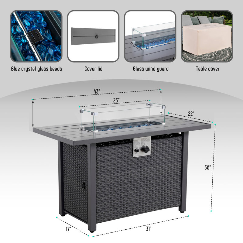 43-Inch Black Steel and Aluminum Gas Fire Pit Table